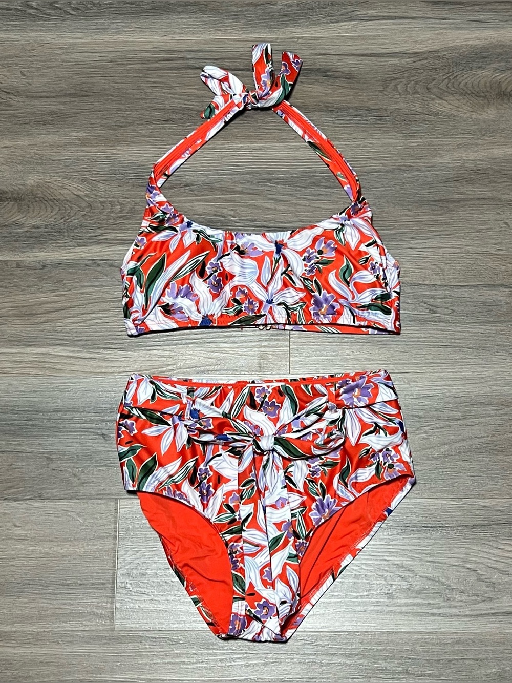 Modcloth Small Bikini Set Allison Halter Top JoJo High Waist Bottoms Red Floral